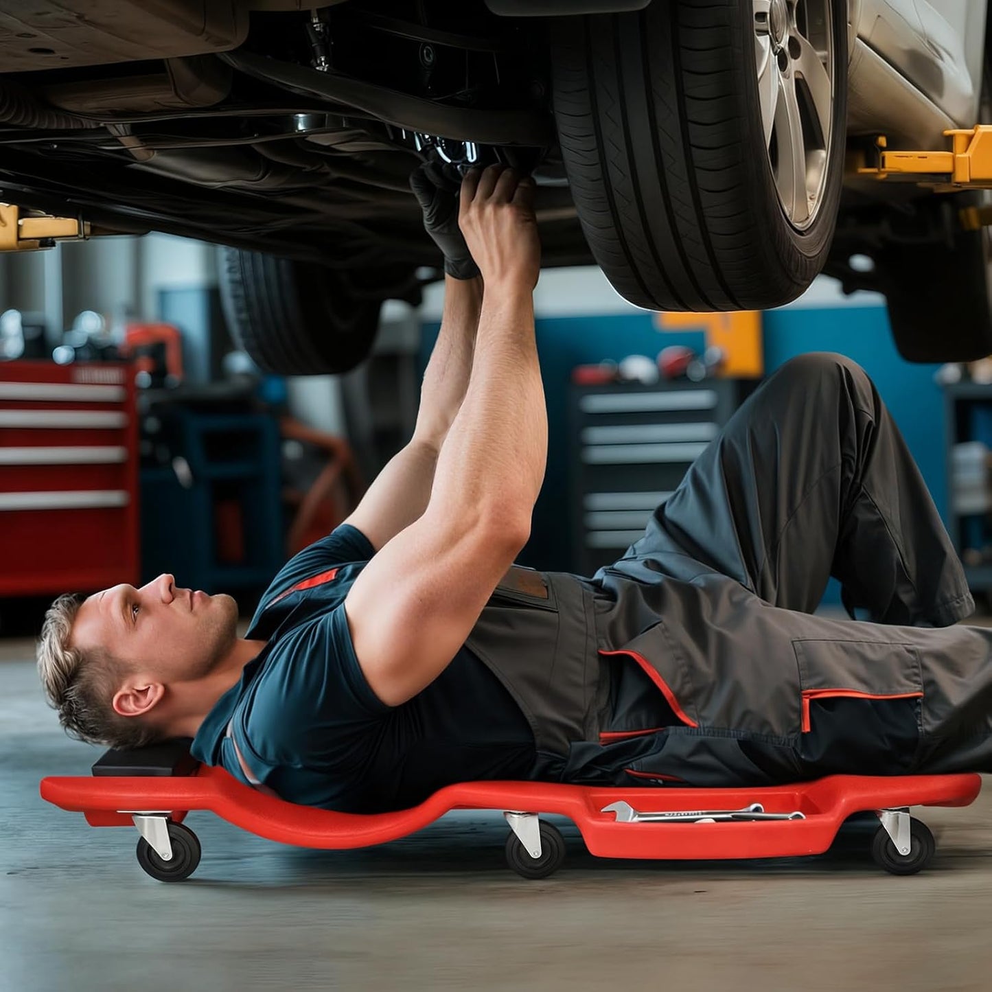 Magshion Rolling Garage Creeper with Padded Headrest, Shop Creeper 46.5" Mechanic Cart with Double Tool Tray and 6 Casters, Lightweight Floor Creeper Automotive Creeper - 440 lbs Capacity (Red)