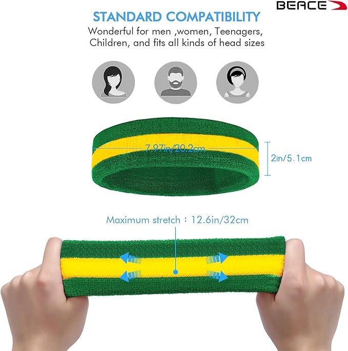 BEACE Sweatbands Sports Headband for Men & Women - Moisture Wicking Athletic Cotton Terry Cloth Sweatband for Tennis, Basketball, Running, Gym, Working Out