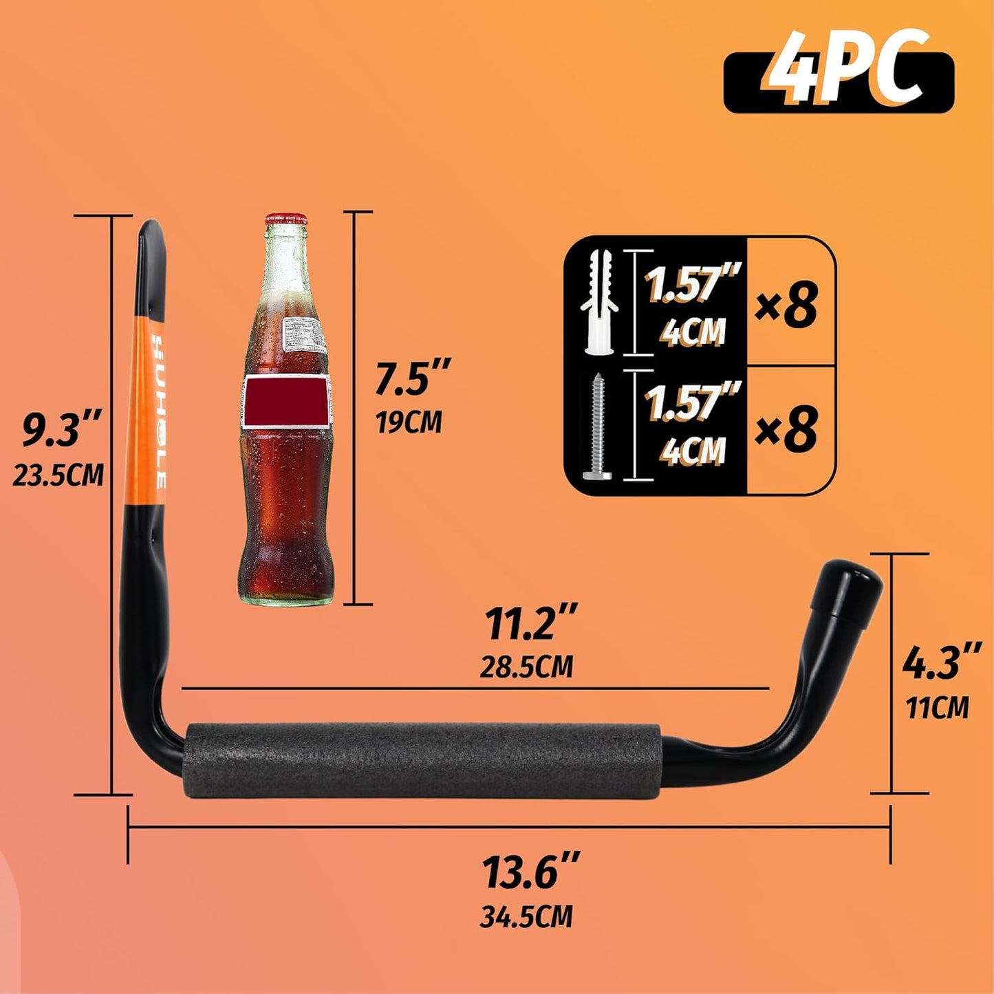 HUHOLE Heavy Duty Garage Ladder Hooks, 4PC, Black Wall Mount Ladder Hangers with 13.6" Jumbo Arm