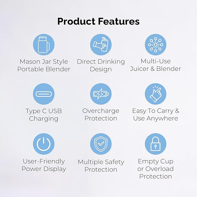 Personal Portable Blender For Shakes & Smoothies, Leakproof & Stylish Portable Mason Jar Shaker, Rechargeable Mini Blender with 10-Blade Blending System 14oz, Sky Blue