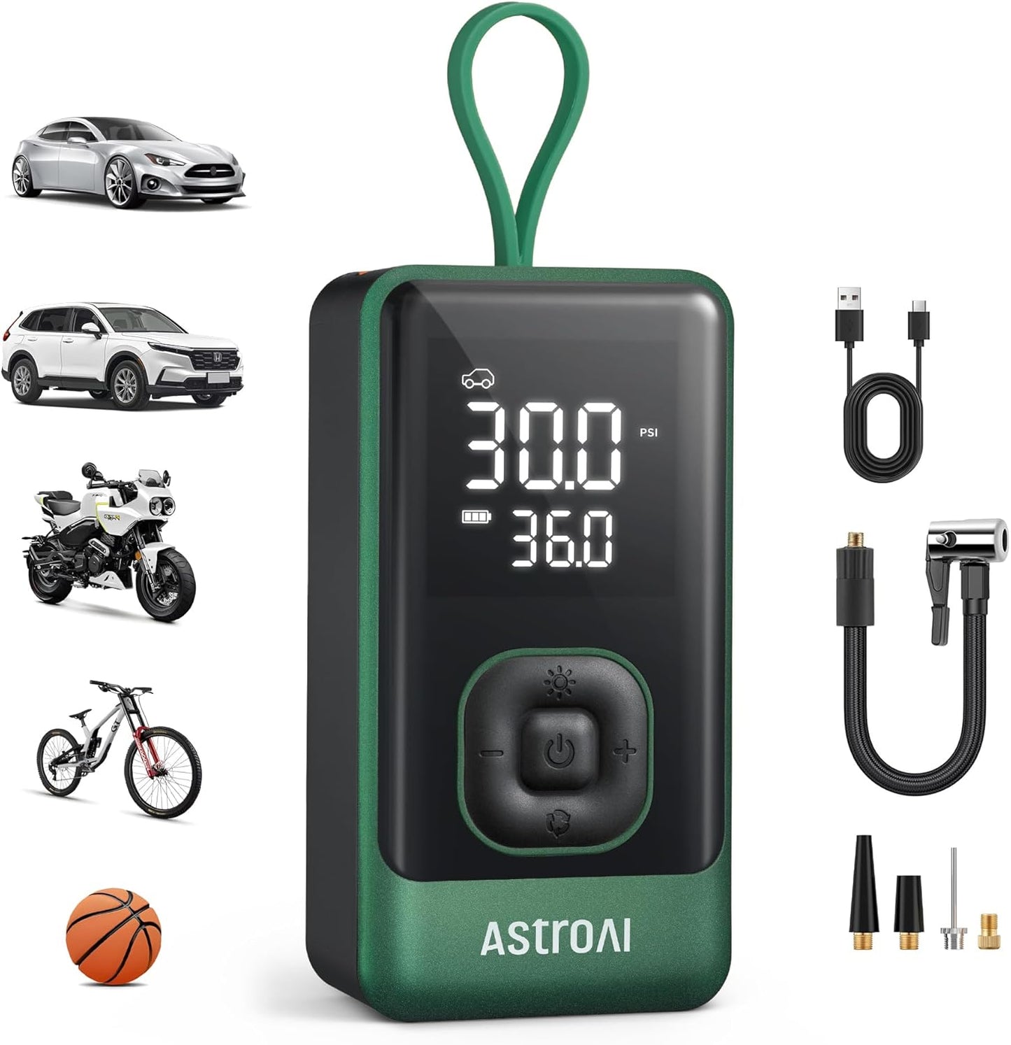 AstroAI L7 Air Tire Inflator Portable Air Compressor, 150PSI Electric Cordless Pump with Fast 1-min Inflation, Auto Shutoff, LED Light – Rechargeable for Car, SUV, Motorcycle, Bike Tires (Green)