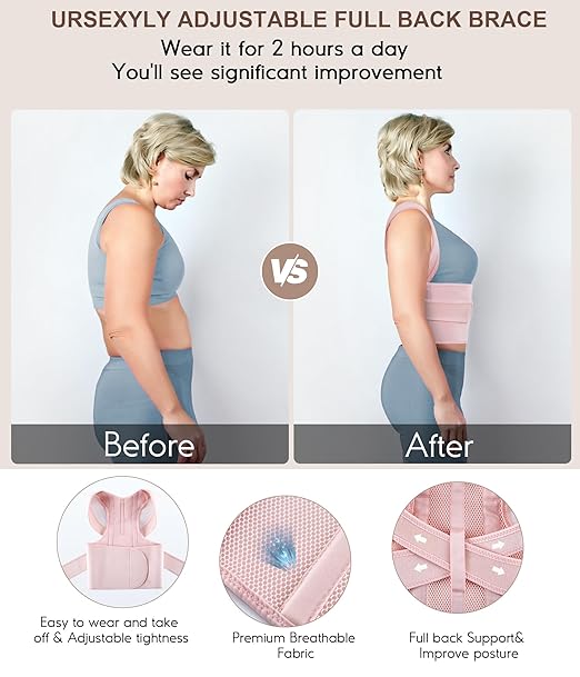 URSEXYLY Back Brace Posture Corrector for Women Adjustable Shoulder Straightener Full Back Support Upper and Lower Back Pain Relief,Spine Back Straightener Posture Corrector (Pink, Medium)