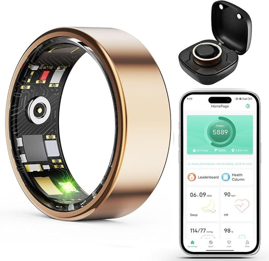 Smart Wellness Ring, Stylish Fitness Tracker with Heart Rate, Blood Oxygen, Blood Pressure, Sleep & Step Monitor. IP68 Waterproof, No Subscription, iOS & Android Compatible (Gold, 11)