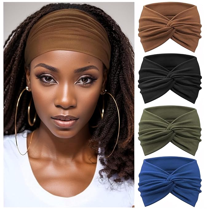 Wide Headbands for Women Yoga Running Sports Headhand Bandana Boho Non Slip Sweat Head Bands Accessories 4 Pack