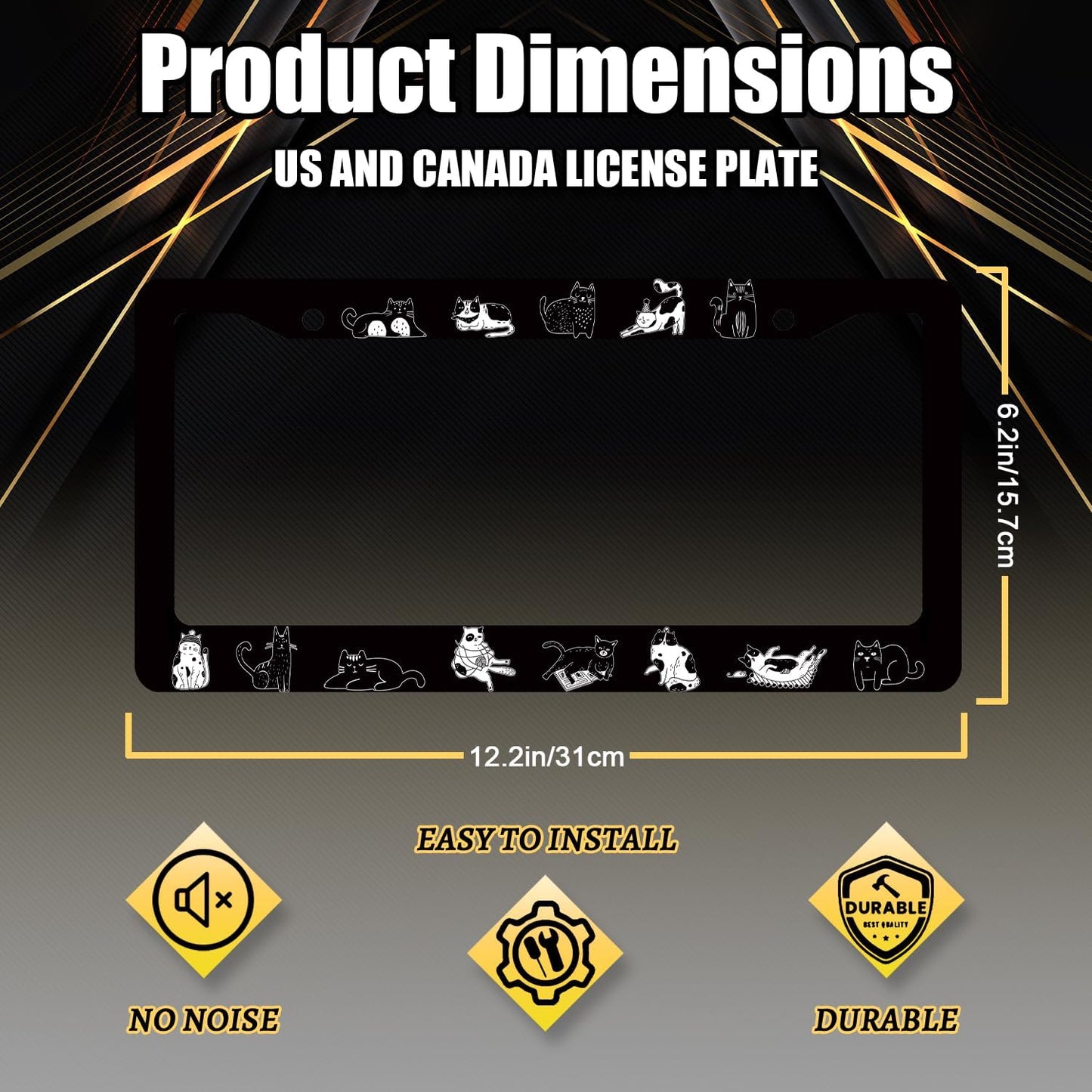 Cats License Plate Frame Cute Animal Cat License Plate Holder Stainless Steel Funny Design Compatible with Standard License Plate for USA Canada 12.3" x 6.3" with 2 Screws