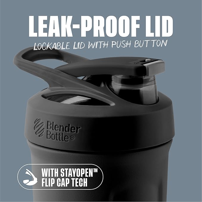 BlenderBottle Strada Shaker Cup Insulated Stainless Steel Water Bottle with Wire Whisk, 24-Ounce, Black