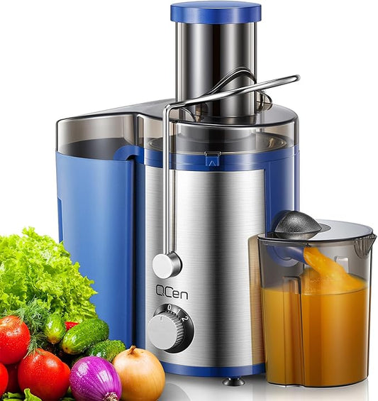 QCen Juicer Machine, 800W Centrifugal Juicer Extractor with Wide Mouth 3” Feed Chute for Fruit Vegetable, Easy to Clean, Stainless Steel, BPA-free (Blue)