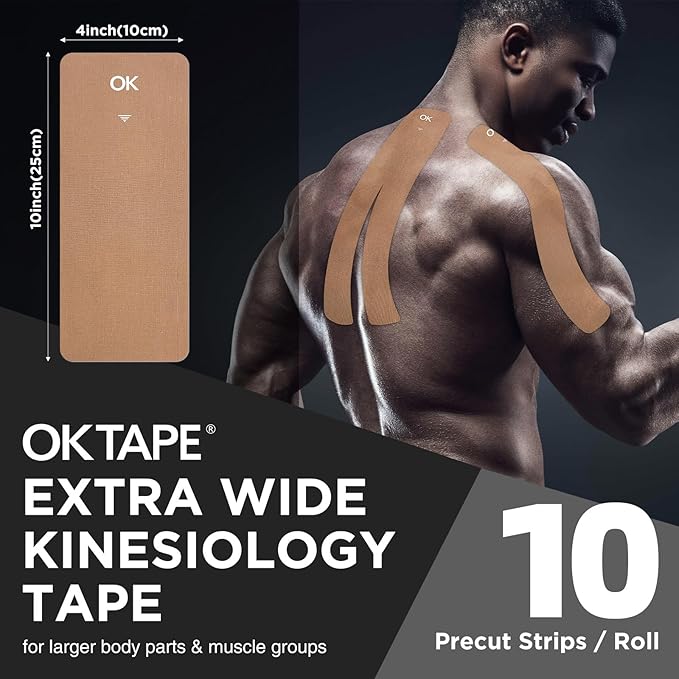 OK TAPE Extra Wide Kinesiology Tape, Precut K Tape Strips, Elastic Physical Therapy Athletic Tape for Pain Relief & Joint Support | Back, Shoulder, Knee (4" x 10" - 20Pcs) Beige, 4in x 8.2ft / Roll