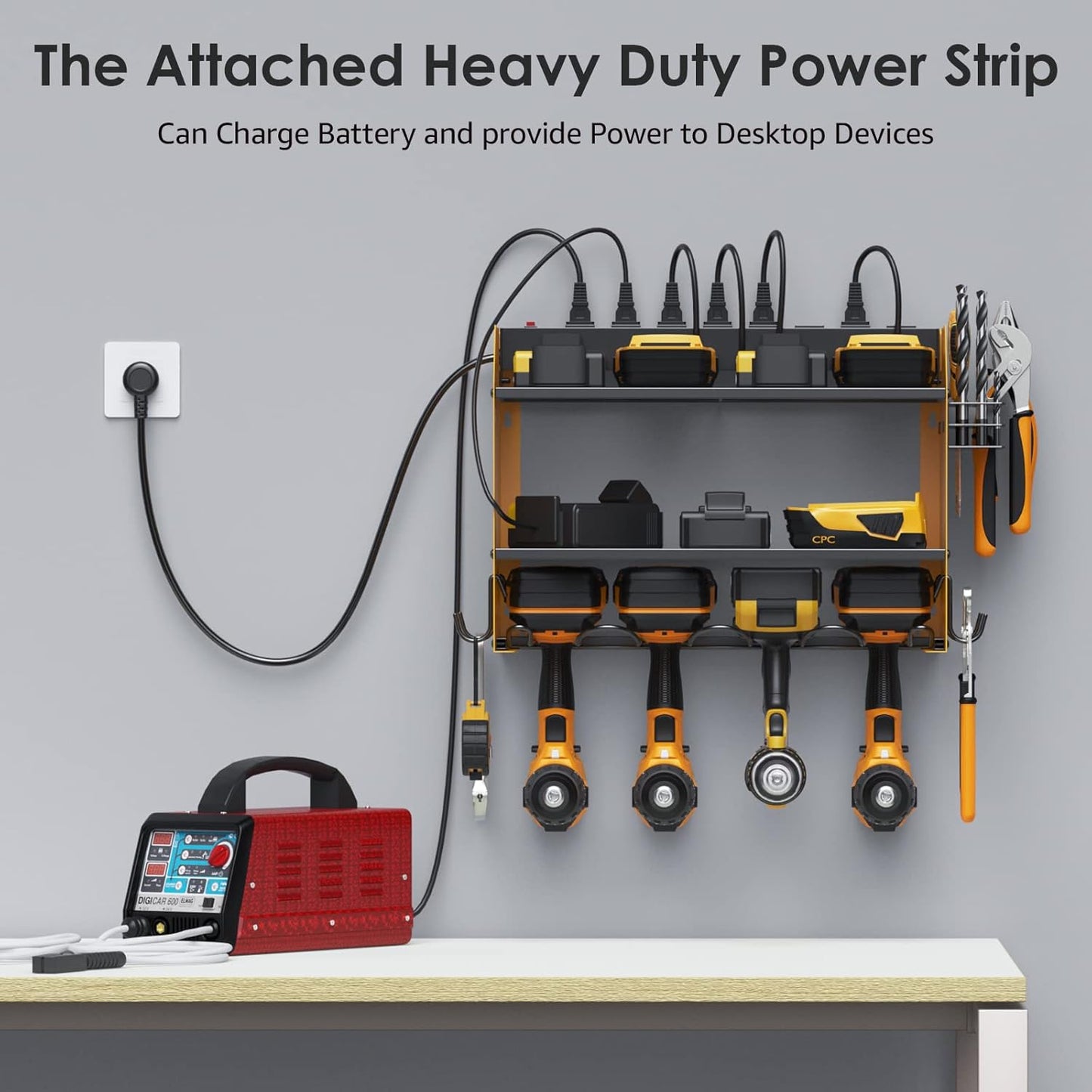 CCCEI Set Power Tool Organizer Wall Mount with Charging Station. Garage 4 Drill Storage Shelf with Hooks, Heavy Duty Metal Tool Battery Charger Organizer. Shop Utility Rack with Power Strip Yellow.