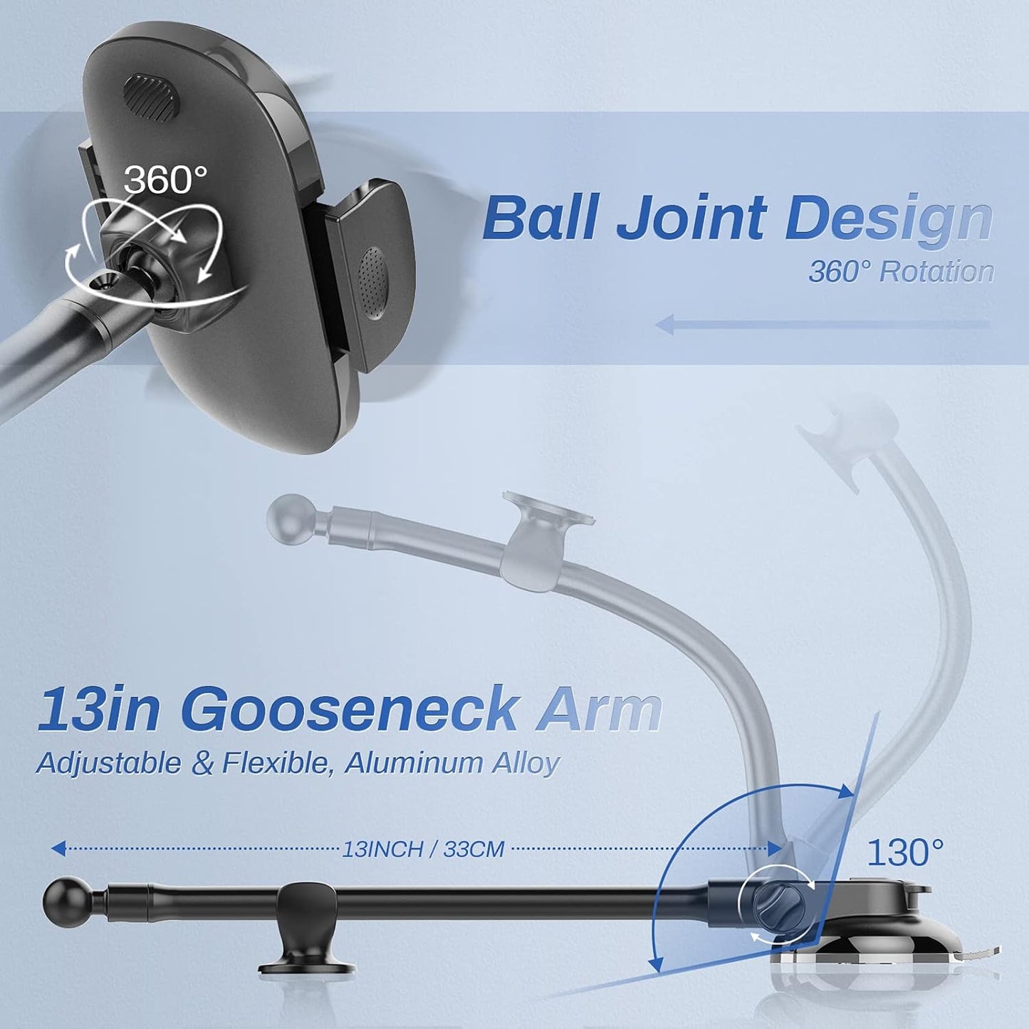 OQTIQ 13" Gooseneck Car Phone Mount – Windshield & Dashboard Holder with Strong Suction Cup, Anti-Shake Stabilizer, One-Button Release – Compatible with iPhone 16/15/14 and All Smartphones