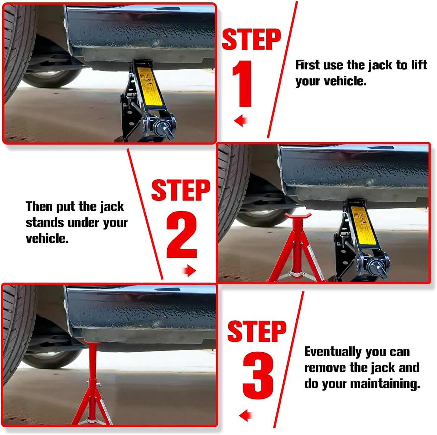 Foldable Jack Stands 3 Ton (6,600 LBs), 11.42"-16.06" Adjustable Height with Mobility Safety Pin,Car Jack Stand for Home&Garage, Workshops,Lifting SUV, Pickup Truck,UTV/ATV, Red, 1 Pair