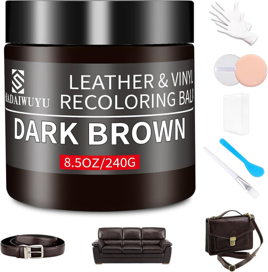 Leather Recoloring Balm,8.5oz Leather Color Restorer,Dark Brown Leather Repair kit for Furniture and Car Interior,Leather Couch Scratch Repair,Leather Dye Paint for Faded,Cracked and Damaged Leather