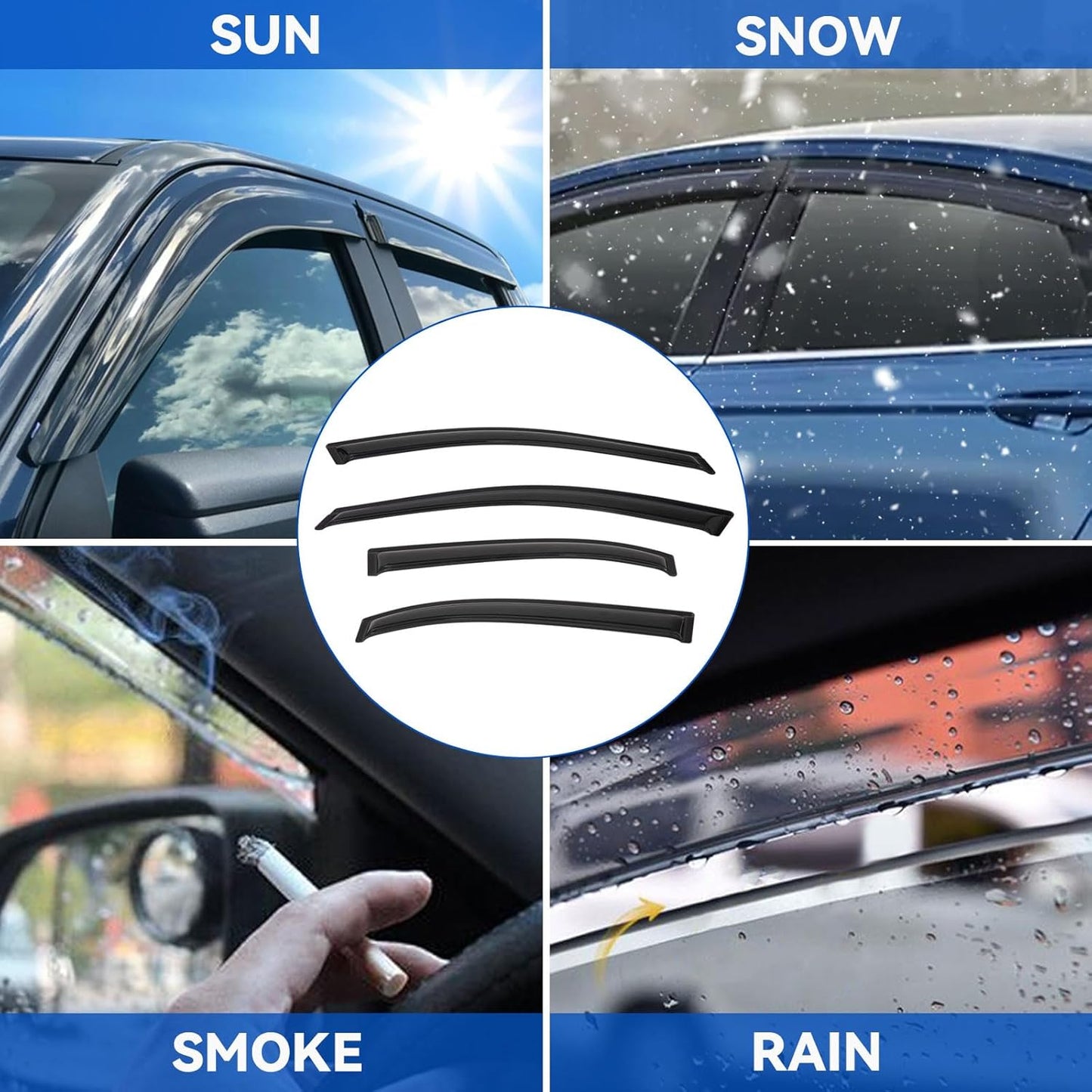 4pcs Front+Rear Smoke Tint Sun/Rain Guard Outside Mount Tape-On Vent Window Visors Compatible with 95-05 Cavalier/Sunfire 4-Door Sedan