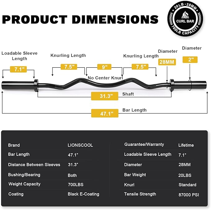 LIONSCOOL Premium 4ft/4.9ft/6ft Barbell for Strength Training and Olympic Weightlifting, 2 Inch Bar for Squats, Curls, Deadlifts, Presses, Hip Thrusts, 350lbs/500lbs/700lbs Weight Capacity