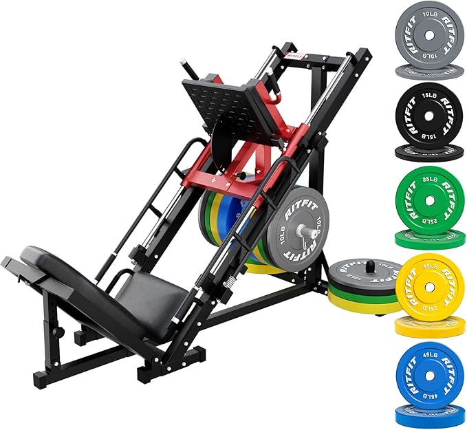 RitFit Adjustable Leg Press and Hack Squat Machine with Weight Plate Set, Professional Home Gym Equipment with Linear Bearings, Specialized for Complete Lower Body Workouts and Weight Storage Posts