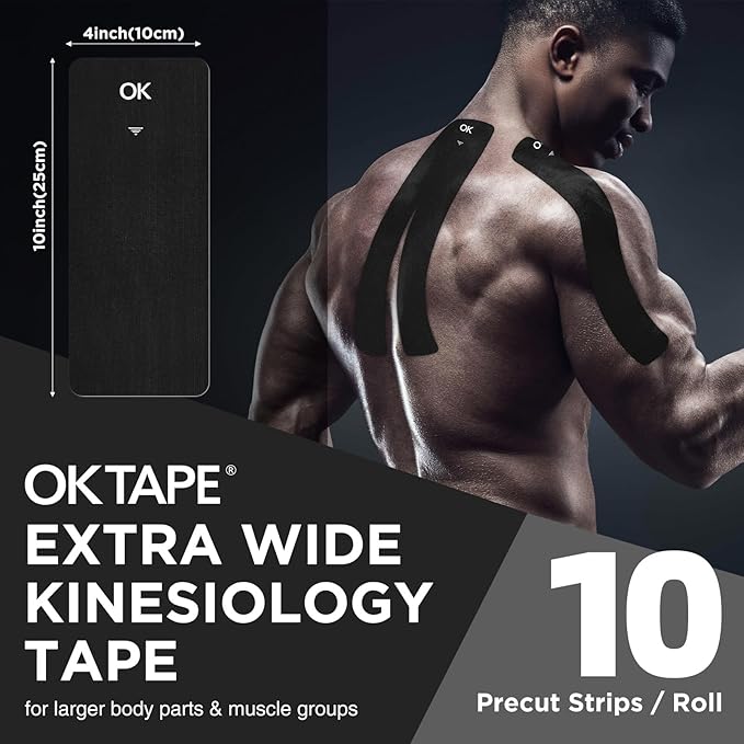 OK TAPE Extra Wide Kinesiology Tape, Precut K Tape Strips, Elastic Physical Therapy Athletic Tape for Pain Relief & Joint Support | Back, Shoulder, Knee (4" x 10" - 20Pcs) Black