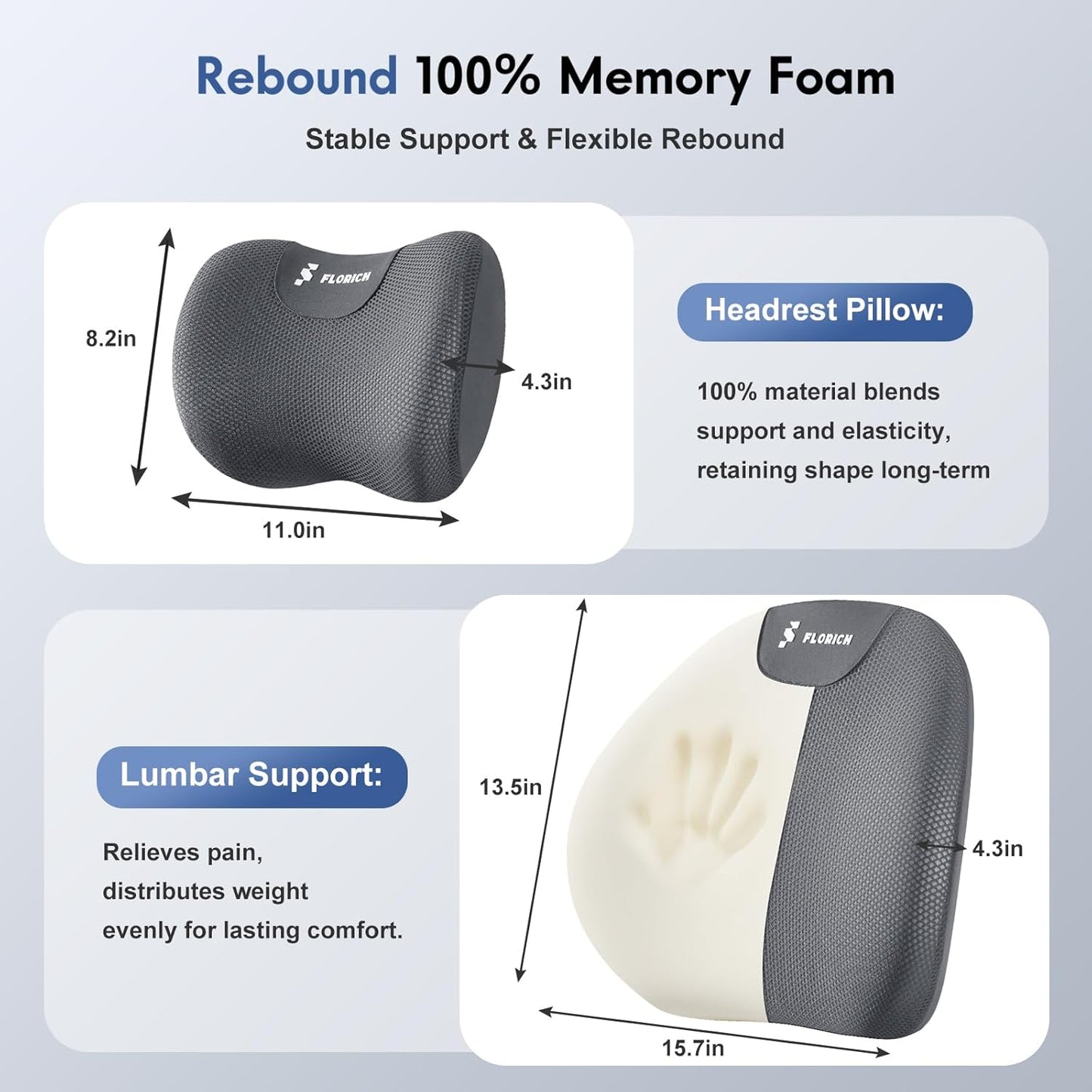 FLORICH Lumbar Support Pillow and Neck Pillow for Office Chair Car, Ergonomic Memory Foam Back Support for Office Gaming Chair Driving Seat Wheelchair, Relieves Neck, Back & Sciatica Pain – Grey