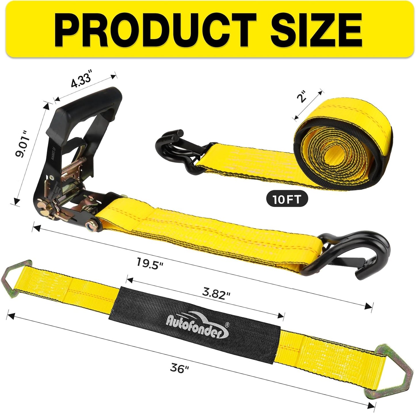 Car Tie Down Straps for Trailers 2inch x10ft - J Hooks with Safety Clips(10,000 Lbs Break Strength)-4 Pack Heavy Duty Vehicle Hauler Strap Tire Ratchet Straps with Axle Straps for Truck Utv Trailer