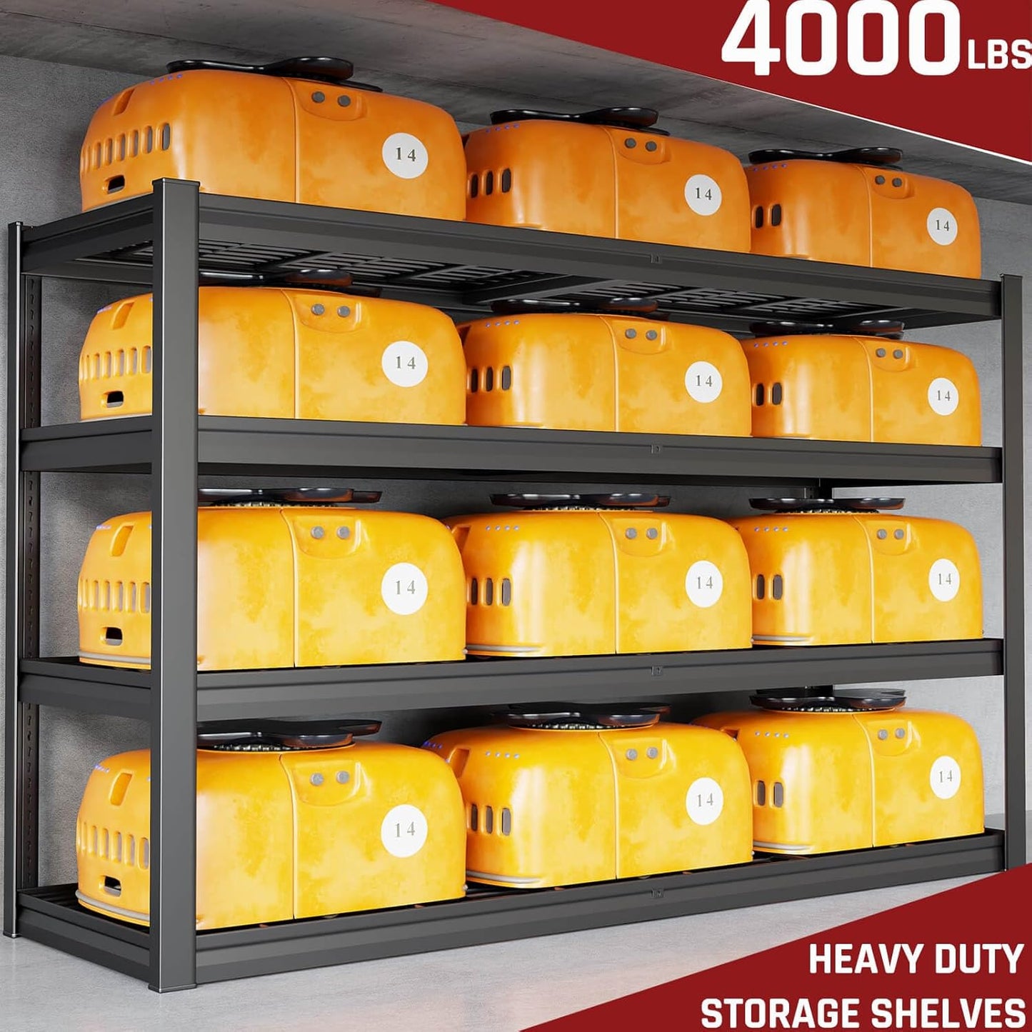 68" W Garage Shelving Unit, 68" W x 24" D x 68" H, Heavy Duty Garage Storage Shelves, 4 Tier Storage Rack Shelf, Industrial Adjustable Shelves for Basement Warehouse