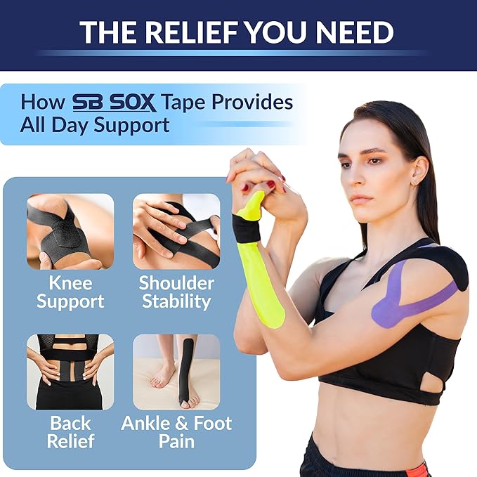 SB SOX Original Cotton Kinesiology Tape Roll – Best Latex Free Athletic Tape for Muscles/Joints – Waterproof, Stretchy, and Gentle on Skin (16ft)