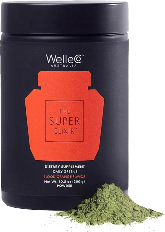 WelleCo The Super Elixir Daily Greens Powder, Probiotic Drink Mix with Whole Foods, Gluten Free, Vegan Gut Health Powder, Energy, Immunity, Healthy Skin, Hair & Nails (Jar, Blood Orange)