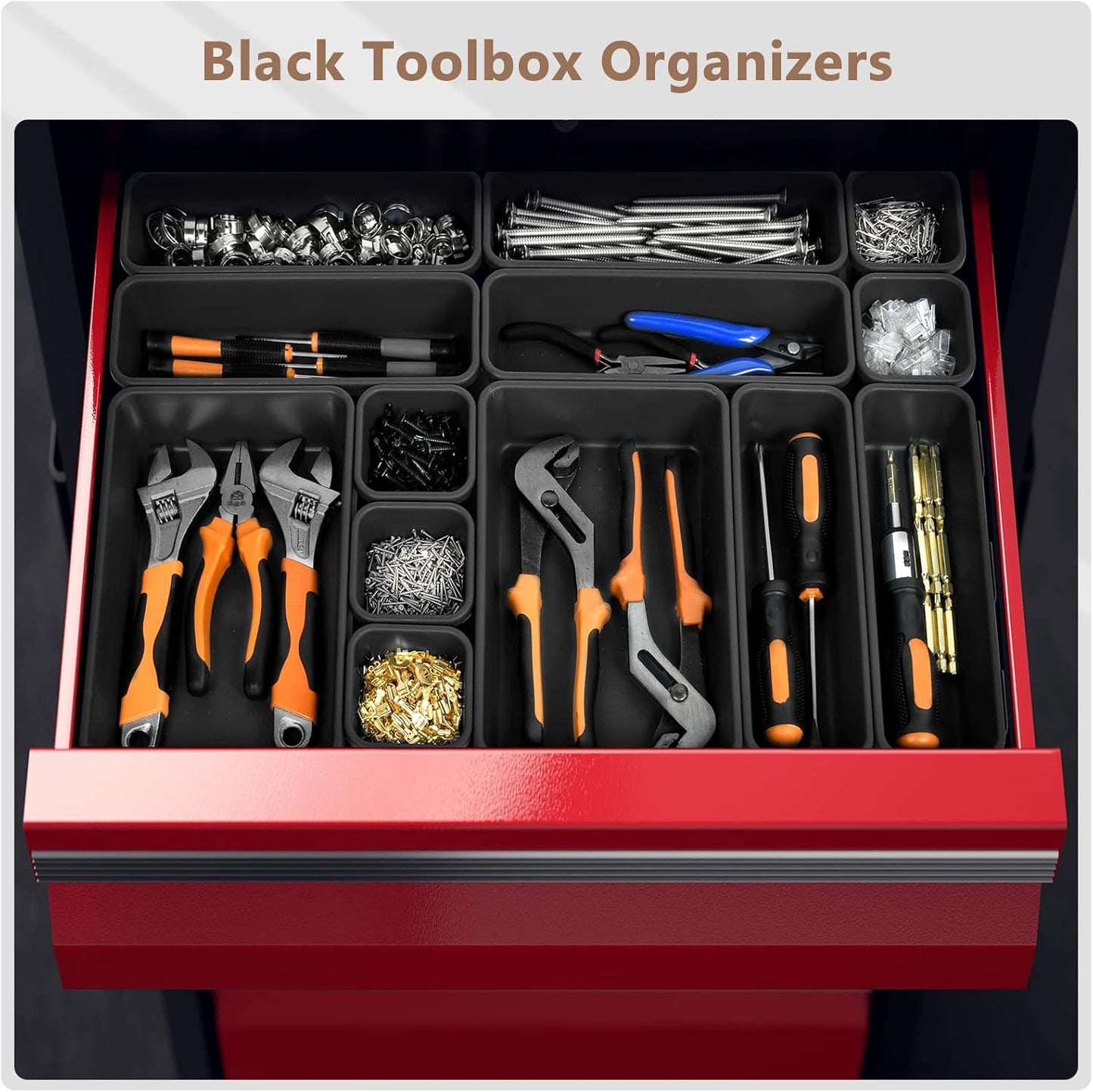 A-LUGEI【𝟰𝟲𝗣𝗖𝗦 & 5 Size】Tool Box Organizer Tray Divider Set, 【Black】 Desk Drawer Organizer, Garage Organization and Storage Toolbox Accessories Rolling Tool Chest Cart Cabinet WorkBench Small Part