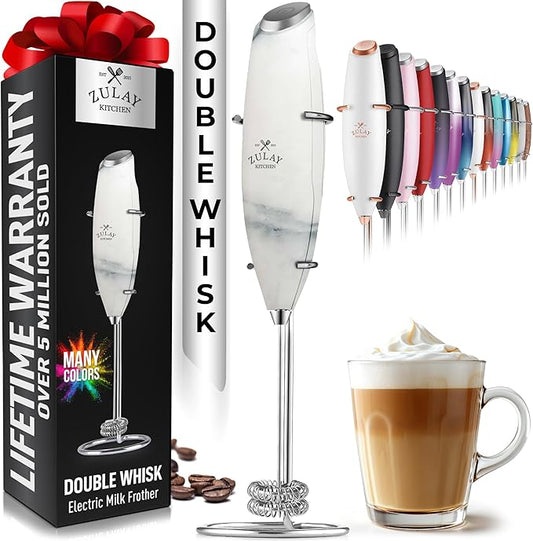 Zulay Kitchen Powerful Double Whisk Milk Frother Handheld - Foam Maker With Stand - Whisk Drink Mixer for Coffee, Mini Foamer for Latte, Matcha, Frappe, Hot Chocolate & Cappuccino (Crystal Quartz)
