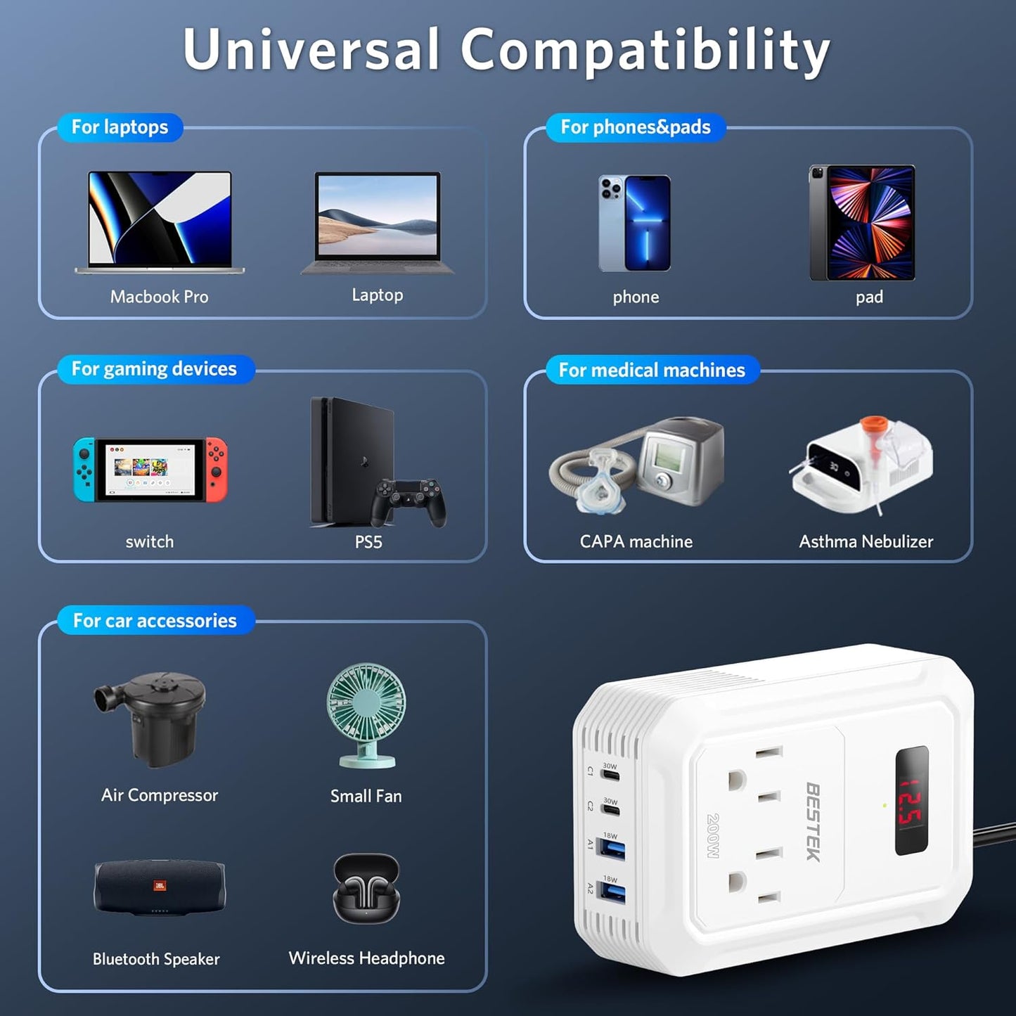 BESTEK 200W Car Power Inverter - DC 12V to 110V AC Converter with 2 USB-C(30W) and 2 USB-QC(18W) - Fast Car Charger Adapter with LCD Screen, Dual AC Adapter for Laptops