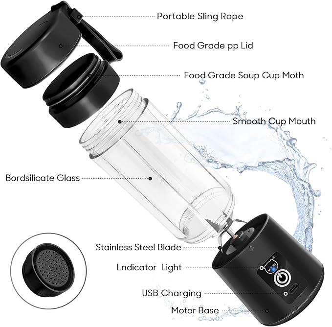 Portable Blender, MIAOKE Smoothie Blender, Personal Mini Juice Blender with Six Blades in 3D, USB Rchargeable Juicer Cup Home/Office/Outdoors (Black)