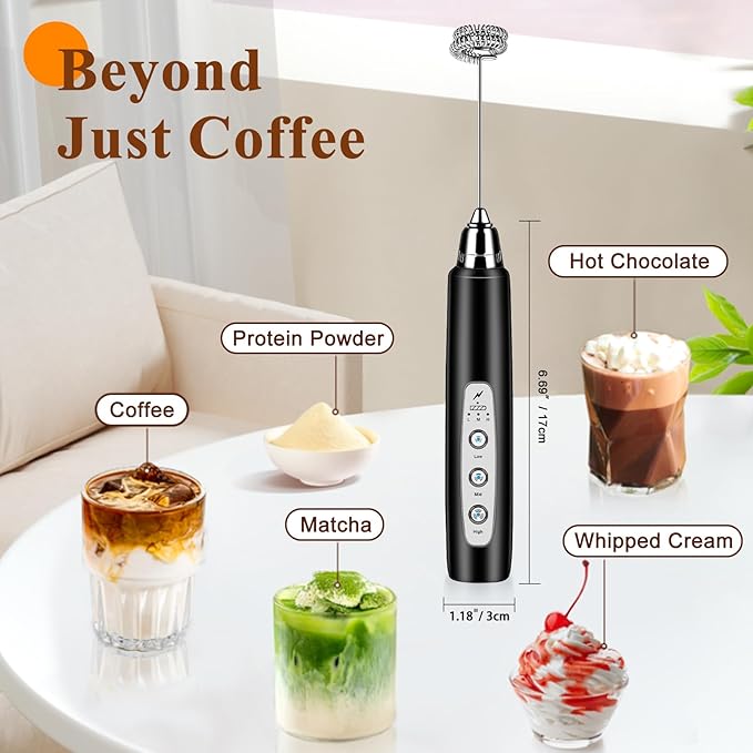Milk Frother Handheld Rechargeable, Frother Wand Drink Mixer Electric Whisk for Coffee, Detachable With 3 Stainless Whisks, Hand Mixer for Lattes, Cappuccino, Matcha, Egg, No Stand, Black