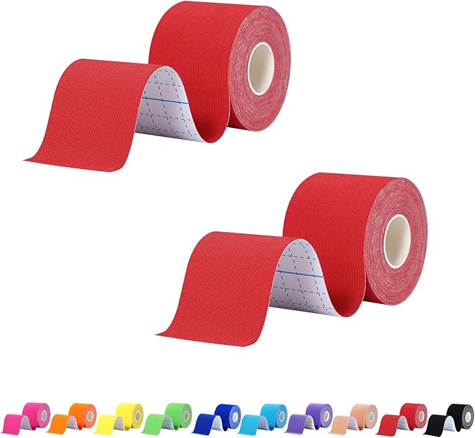 Pro Synthetic Kinesiology Tape 2 Rolls, Athletic Sports Tape for Muscle Joint Support, Pain Relief for Knee Elbow Wrist Ankle, 2 in x 16.4 Ft, Red