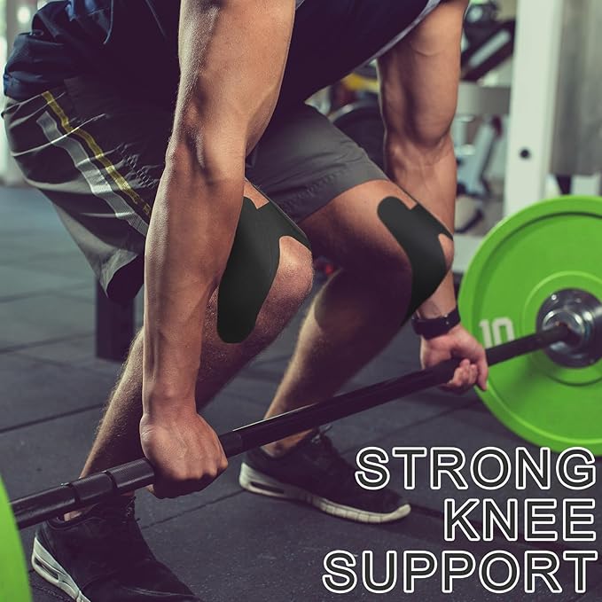 12 Pcs Precut Kinesiology Tape for Knees Waterproof Sport Knee Tape Elastic Breathable Latex-Free Athletic Tape Knee Pain Relief Tape for Knee Tendons Support Strips Fitness(Black)