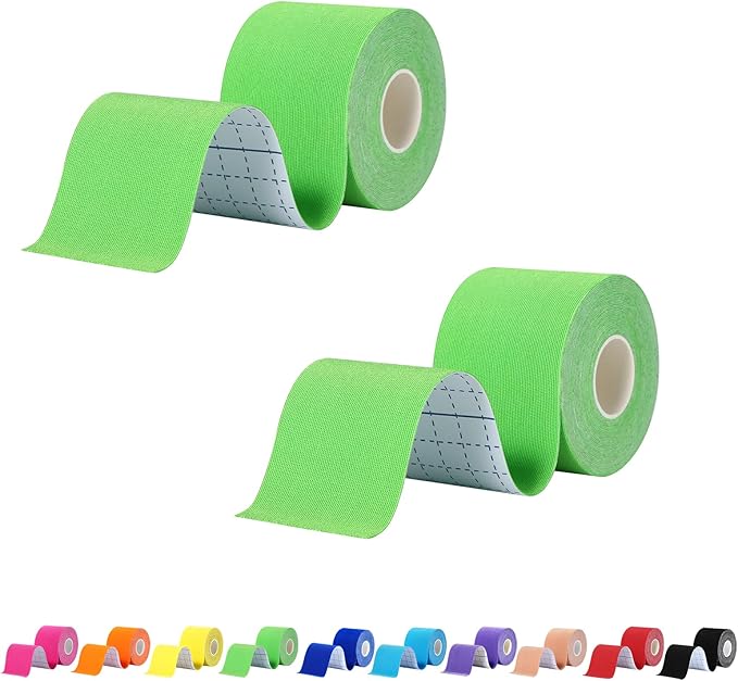 Pro Synthetic Kinesiology Tape 2 Rolls, Athletic Sports Tape for Muscle Joint Support, Pain Relief for Knee Elbow Wrist Ankle, 2 in x 16.4 Ft, Green