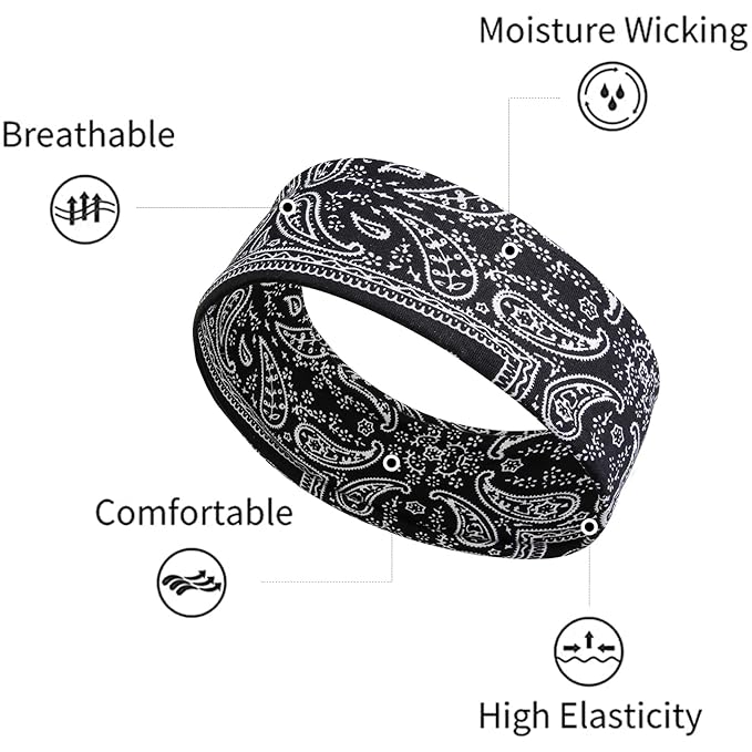TERSE Paisely Headbands for Women Short Hair Bandana Headbands Non Slip Elastic Sweat Hairbands Soft Fabric Workout Yoga Running Sport Thin Hair Wrap for Girls