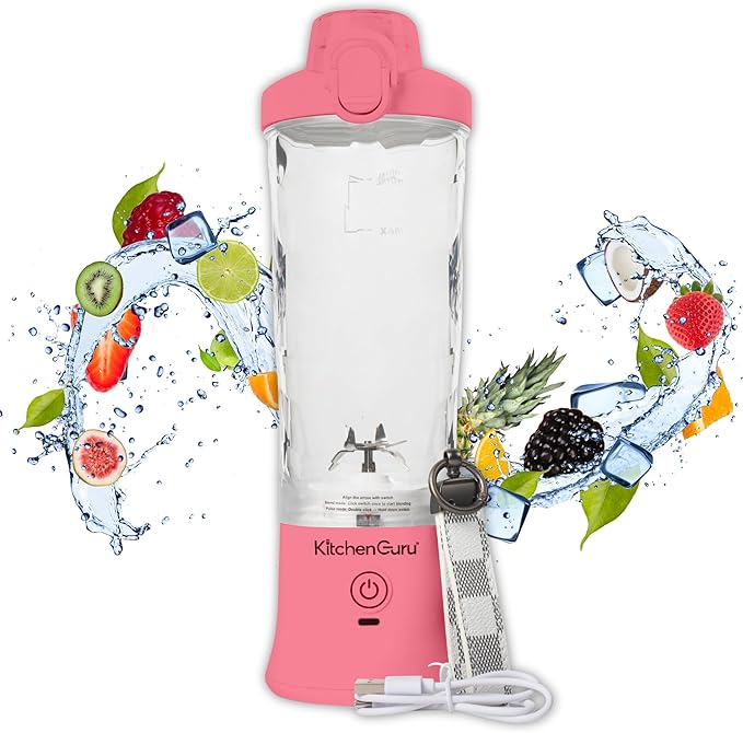 Elite Rechargeable Travel Blender: 240W Personal Smoothie Maker with 6-Leaf Blade, 600ml Capacity, and Innovative Pop-Up Design for Easy Portability - For Home or On the Go (Pink)