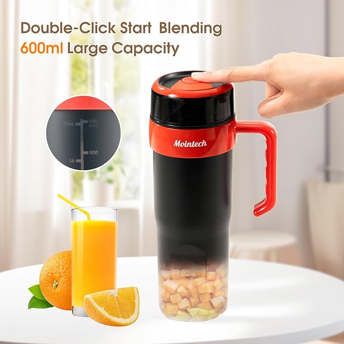 Portable Personal Blender for Shakes and Smoothies with 6 Blades, 21oz(600ml) Personal Size Juicer USB-C Rechargeable with Straw Brush&Lid, for Home, Gym, Travel, Kitchen(Black)