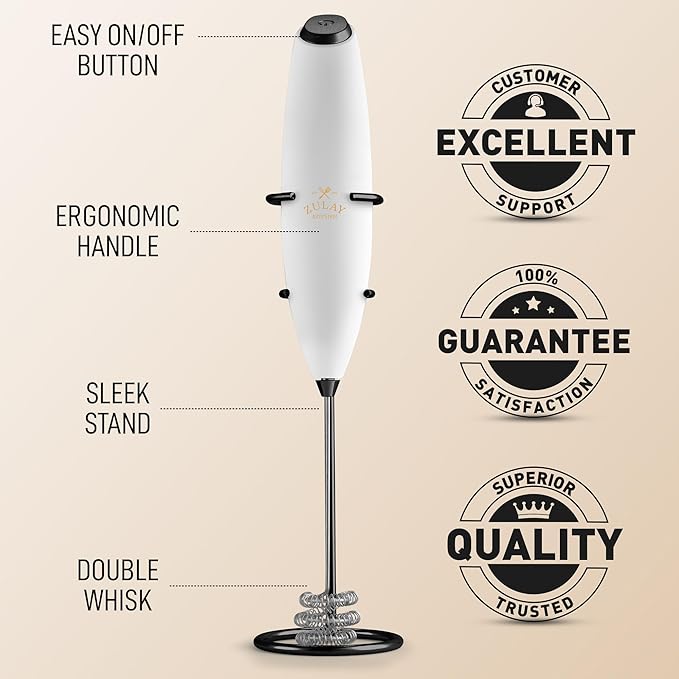 Zulay Kitchen Tornado Whisk Milk Frother with 4 AA Duracell Batteries - Triple Whisk for More Power - Handheld Coffee Frother with Stand - Drink Mixer for Lattes, Matcha & Protein Shakes