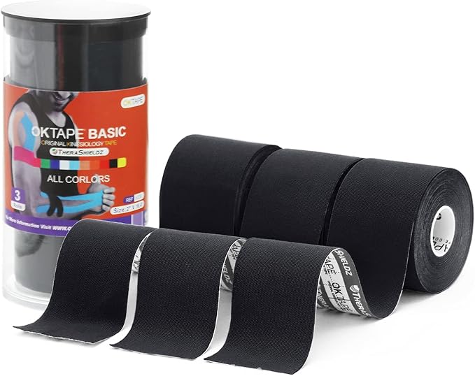OK TAPE Regular Kinesiology Tape (3 Pack), Original Cotton Athletic Tape for Support Muscle Joint Knee, Sports Waterproof Tape Uncut Strips Latex Free, Hypoallergenic, 2in×16.4ft - Black