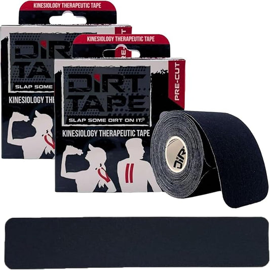 DIRT Tape-Pre Cut Athletic Kinesiology Tape-Muscle Pain Relief & Joint Support-Premium Elastic Cotton-Latex-Free-Water Resistant-Gym, Indoor & Outdoor Sports-2 Single roll (16.4 ft)-Black