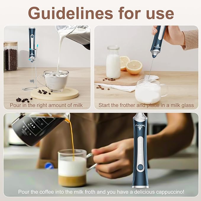 Rechargeable Frother Wand with Stand, Milk Frother with Detachable Stainless Steel Double Rings Whisk, 3-Speed Handheld Electric Drink Mixer for Lattes, Cappuccino, Coffee (Dark Blue)