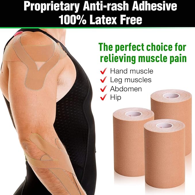 3 Pack Kinesiology Tape, 4in x 5.5yd Water Resistant Muscle Support Adhesive Sport Tape for Pain Relief, Latex Free Cotton Elastic Athletic Tape for Joints, Knee, Ankle, Shoulder, Wrist