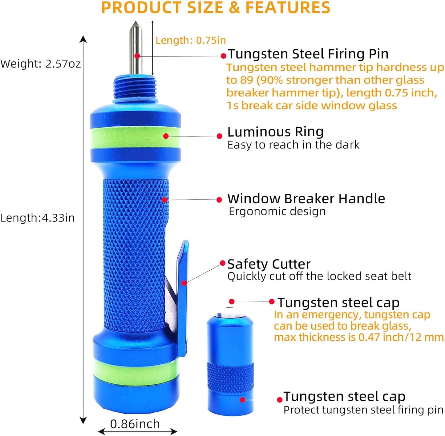 Allelic Car Window Breaker Tool, Window Breaker Seatbelt Cutter, Window Breaker, Glass Breaker, Spring Loaded Window Breaker for Land & Underwater (Blue)