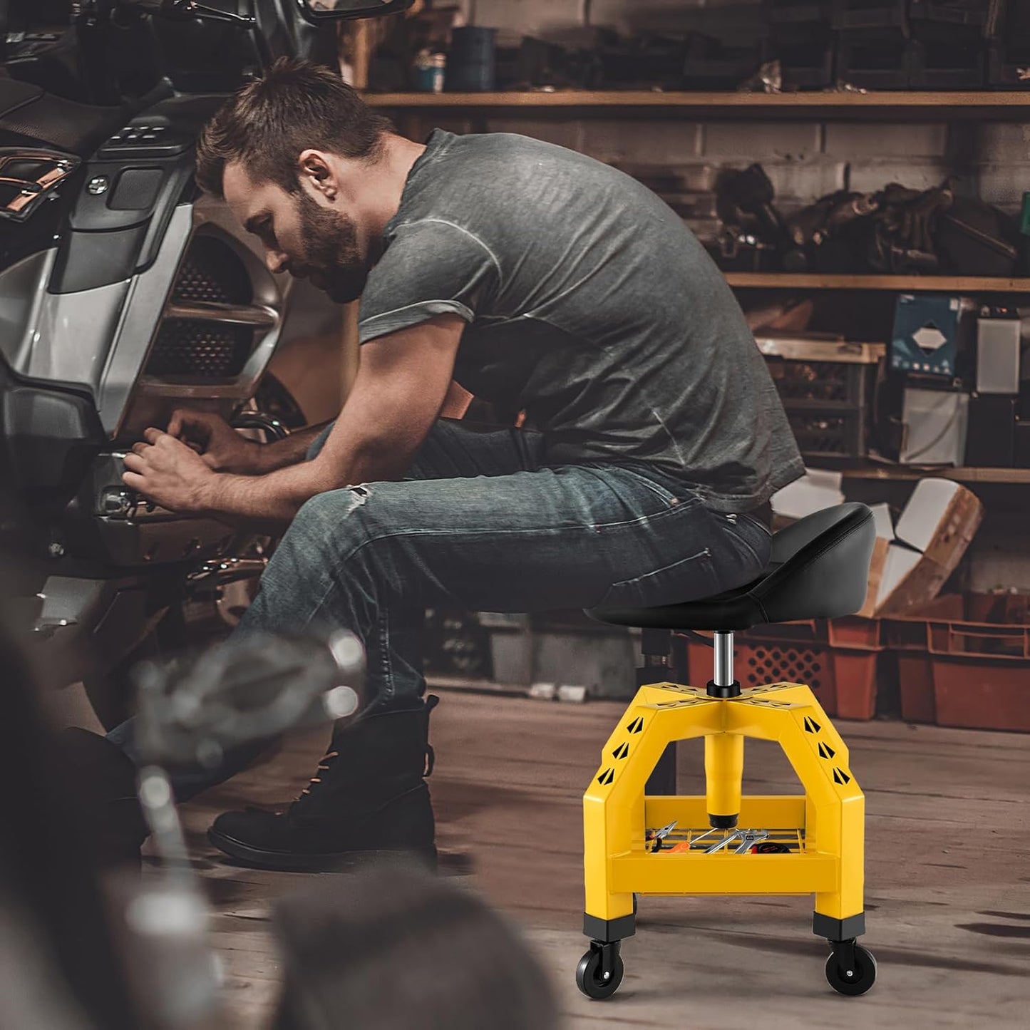 S AFSTAR Shop Stool with Wheels, Height Adjustable Garage Stool with 4 Universal Wheels & Tool Tray, 330 LBS Capacity, Heavy Duty Creeper Chair Seat Rolling Mechanic Stool for Garage Workshop (Yellow)