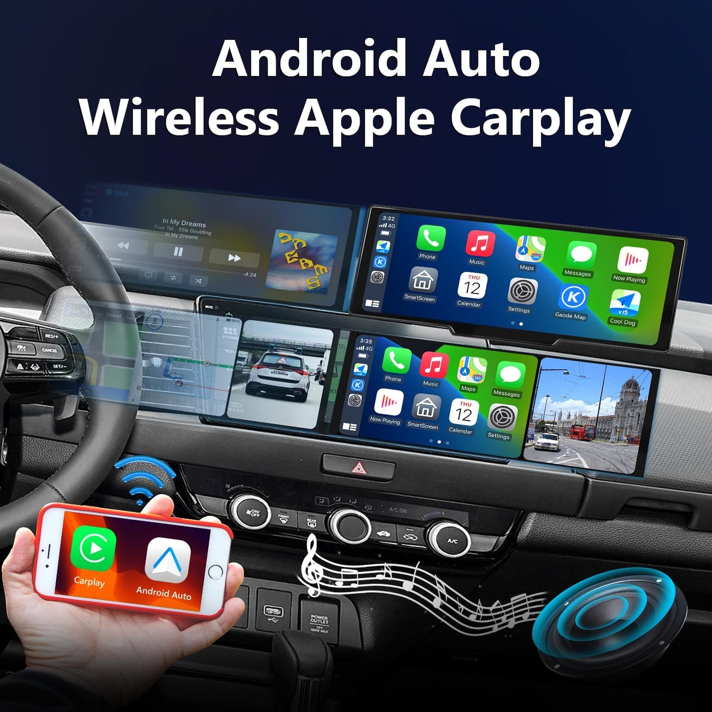 Portable Carplay Screen for Car 9.28" Carplay & Android Auto Car Touch Stereo, with 4K Dash Cam, 1080p Rear Camera,Bluetooth,Touch Screen GPS Navigation,Mirror Link, AirPlay, AUX/FM, Siri
