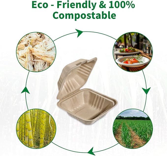 Aricsen Compostable 50 Pack 6x6 Inch Disposable Square Small Lunch Box Takeout Containers with Lid To Go Take Out Clamshell for Food, Eco-Friendly Biodegradable Bagasse, PFAS-Free, Unbleached Brown