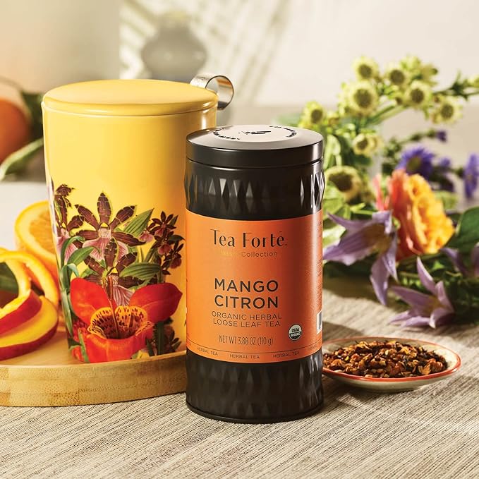 Tea Forte Mango Citron Premium Organic Loose Leaf Caffeine-Free Herbal Tea Blend Canister, Makes 35-50 Cups