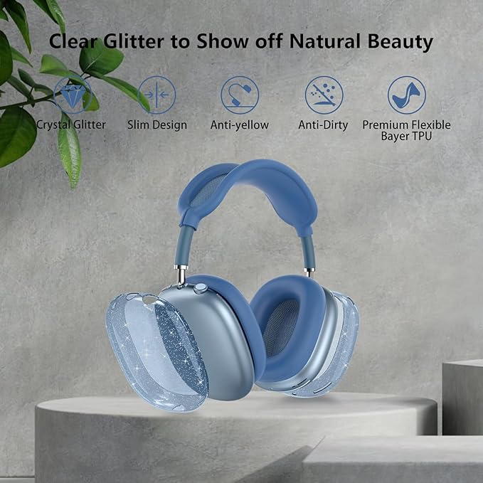 for AirPods Max Clear Blue Glitter Case, 3 in 1 Soft TPU Ear Cups and Pad Cover, Headband Cover for AirPod Max Accessories - Shinning