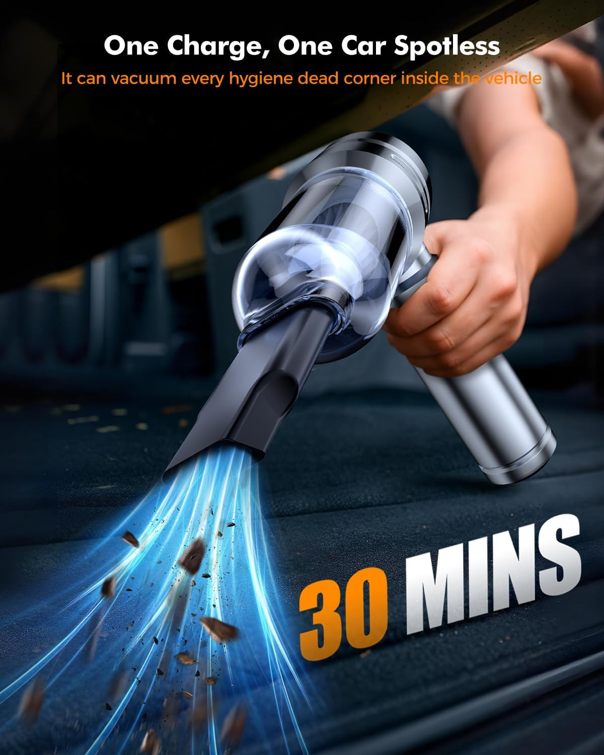 Car Vacuum,3 Suction Modes,Portable Mini Cordless Cleaner with 24000pa Suction Power,Type-C Charge,Handheld Vacuum for Home,Car, Office Desk, Keyboards(Silver White)