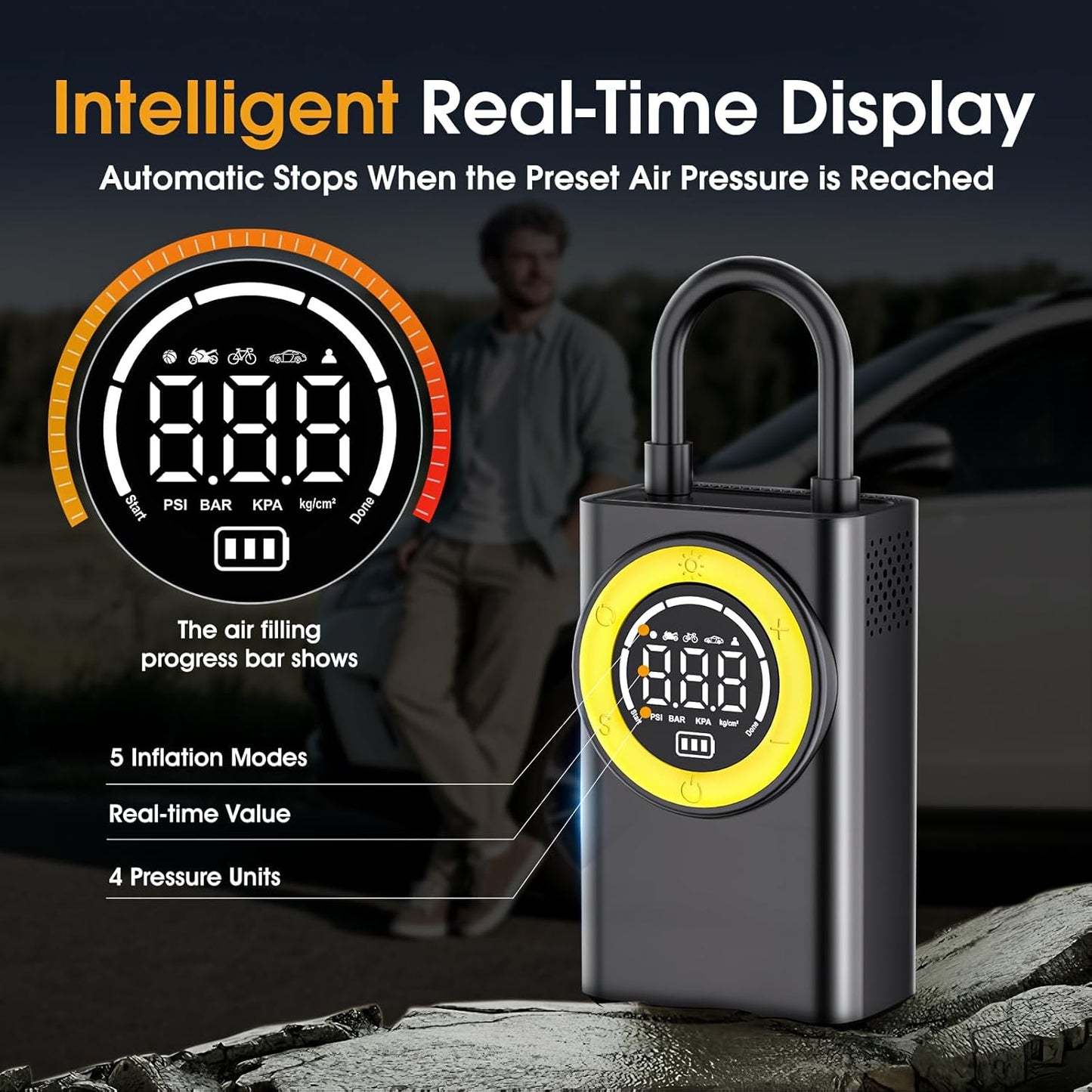 Tire Inflator Portable Air Compressor,150 PSI Cordless Air Pump for Car Tires with Digital Pressure Gauge & LED Light,5X Faster Portable Tire Inflator for Car,Motorcycle,Bike,Ball