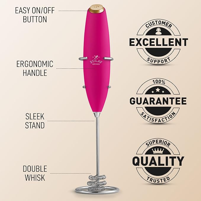 Zulay Kitchen Tornado Whisk Milk Frother with 4 AA Duracell Batteries - Triple Whisk for More Power - Handheld Coffee Frother with Stand - Drink Mixer for Lattes, Matcha & Protein Shakes